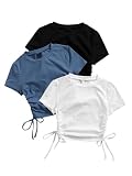 GORGLITTER Women's 3 Piece Short Sleeve Cute Crop Tops Trendy Summer Ruched Drawstring Cropped Tee T Shirt Black Multicolor Medium