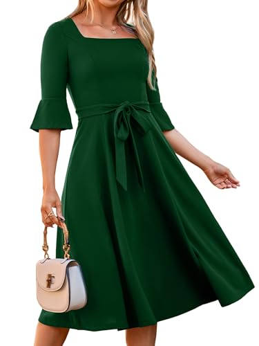 BerryGo Womens A Line Midi Dress Bell Sleeve Formal Cocktail Funeral Church Party Prom Belted Dresses