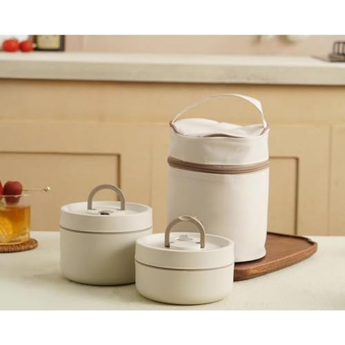 Oanawy 断熱ランチボックス大容量2段3段4段弁当箱セットカトラリーと収納袋付きステンレススチールランチボックス密封漏れプルーフ真空断熱スー5時間断熱通勤運動会通学通勤キャンプ (ベージュ,2層)