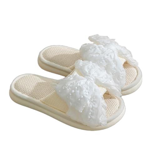 women's cute bow slippers, home linen cotton anti slip open toe home shoes, soft soled bedroom slippers