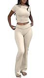 YETOWA Women's 2 Piece Lounge Outfits with Slim Short Sleeve Tops and Low Rise Flare Leggings Sets Versatile Yoga Fall Sweatsuit