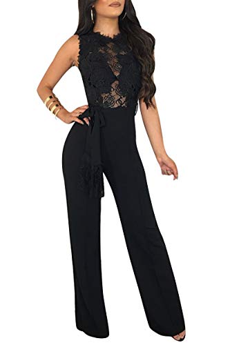LSAME Women's Elegant Lace Spliced Back Hollow Out Playsuit Cocktail High Waisted Wide Leg Long Romper Jumpsuit with Belt (Black 02, XX-Large)
