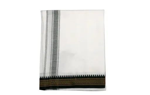 Image of YHWH 100% Pure Cotton Thalapathy Border White Dhoti For Men, 4 Mtr - Single Colour, Fine Quality Traditional attire