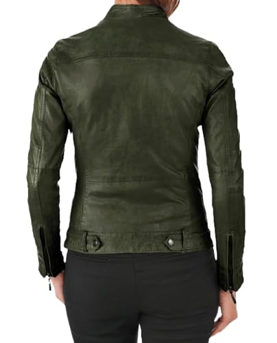 Women's Olive Green Jacket 100% Genuine Lambskin Leather Motorcycle Biker Jacket2