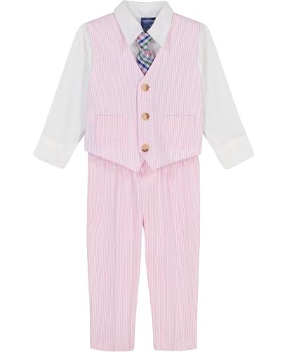 Nautica Baby Boys' 4-Piece Set with Dress Shirt, Vest, Pants, and Tie, Pink Seersucker, 12 Months
