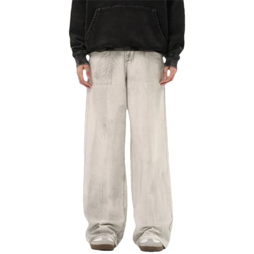 Men's Denim Pants Worn-Out Washing Jeans Straight Wide Leg Bottom Pant