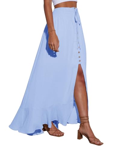 Image of Minclouse Women's Elastic Tie Waist Button Down Maxi Skirts Casual Loose Flowy Swing Slit Front Dress