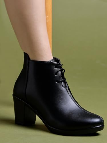 Image of Shoetopia Women's Black Leather Ankle Booties with Block Heel and Lace-Up Closure - Stylish Mid-Heel Dress Boots for Office & Casual