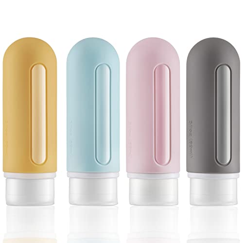 Toureal Silikon Reiseflaschen 89ml Set, 4 Stück auslaufsichere Reise Container und Reise Toilettenartikel Set, Nachfüllbare Flüssigkeitsbehälter für Shampoo Cover