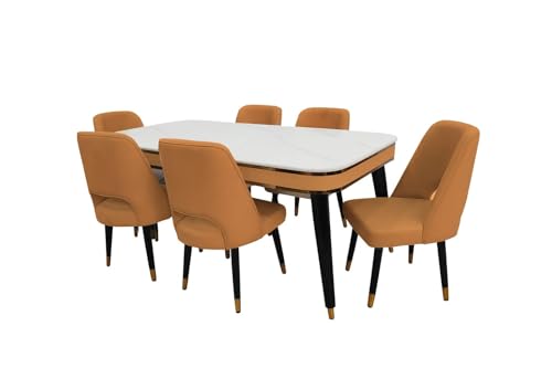 Image of WOODEN SPACE 6-Seater Wooden Dining Table Set | Nano Composite Marble Top | Solid Wood Base | Modern Dining Room Furniture with 6 Chairs (Mustard Vintage)