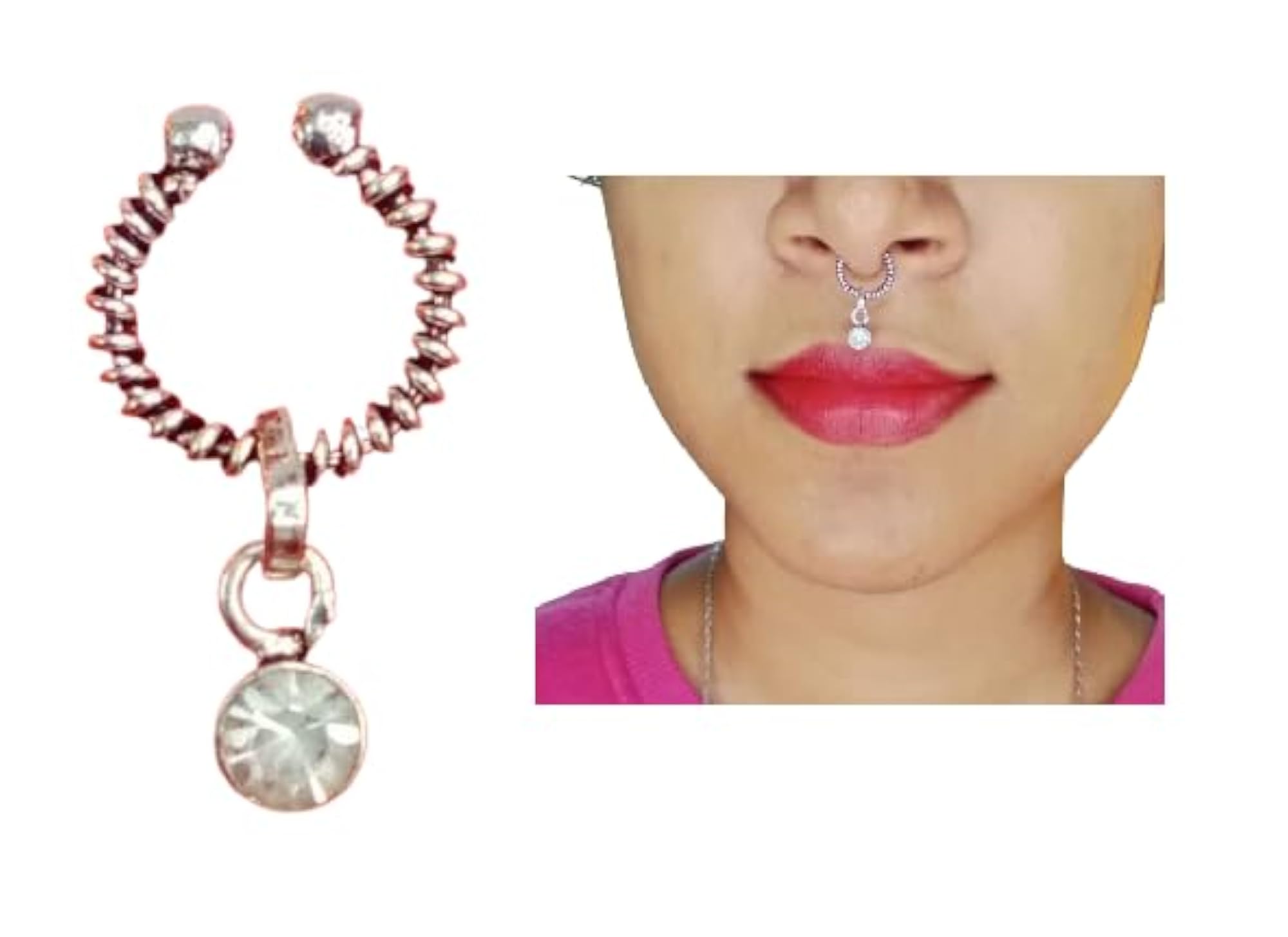 Metal Round Red Earrings & Nose Ring Set for Women