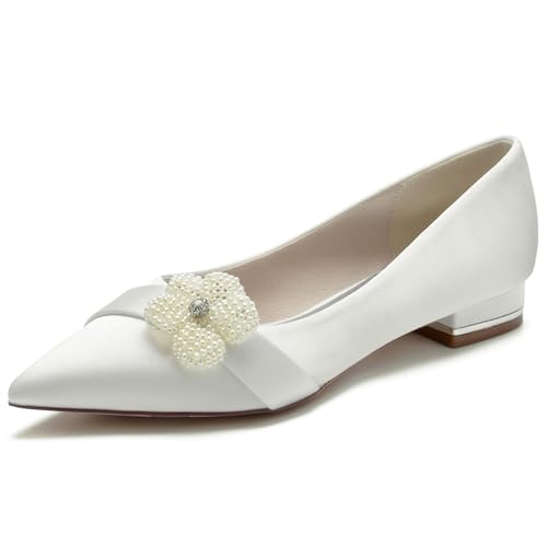 Zapatos De Novia De Satén con Punta Puntiaguda para Mujer Zapatos De Bailarina De Tacón Plano con Lazo De Perlas Sin Cordones Zapatos De Vestir De Fiesta De Graduación,Marfil,37 EU