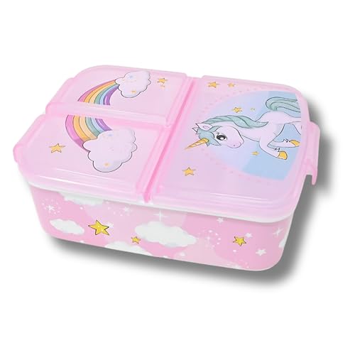 damaloo Fiambrera con diseño de unicornio para niñas – Fiambrera Bento con 3 compartimentos, sin BPA, fiambrera para niños con compartimento grande