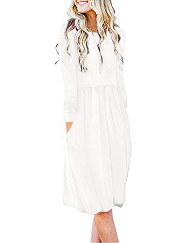AUSELILY Women's Solid Plain Long Sleeve Pockets Empire Waist Pleated Loose Swing Casual Flare Dress (M,White)