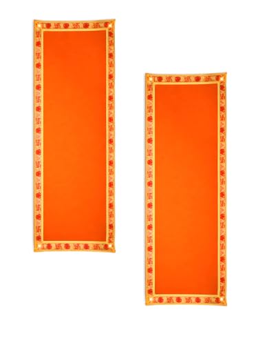 SANSKAARAM (Orange, 10 x 30 inch) Plain Orange Velvet Pooja Aasan Cloth for God Idol Sitting, Mandir Shelf, Puja Chowki Table, Home Temple Decoration with Swastik Border, Pack of 2 (Orange, 10 x 30)