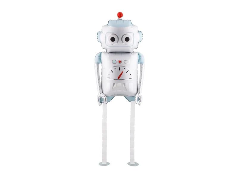 Robot Foil Balloon, Walking Party Decoration, Silver and Light Blue, 37x80 cm, Helium Inflatable with Straw