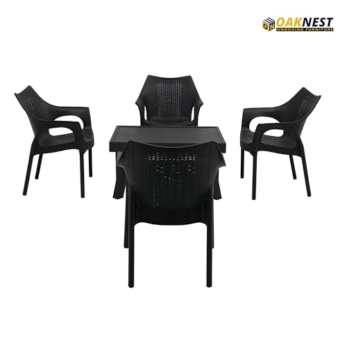 Image of Oaknest Supreme Cambridge with Vegas Plastic Outdoor Chair and Table Set | 4 Rattan Chairs + 1 Table | Weatherproof, Lightweight | Garden & Patio Use Black