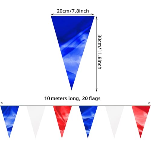 Image of 65FT White Blue Red Glitter Triangle Pennant Banner Flag Metallic Bunting Fabric Garland for Christmas Graduation, Independence Day, 4th of july, Patriotic Themed Party Decoration