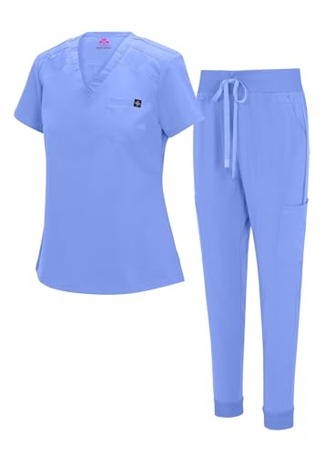 Natural Uniforms Womens Cool Stretch Modern Tuck-In Top Yoga Jogger Scrub Set (Ceil Blue, Small)
