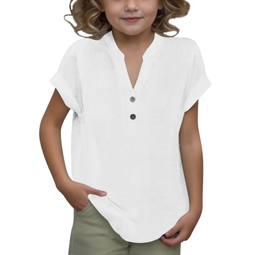 Girls Cotton Linen Shirts Summer Casual Button v Neck Tunic Blouses Kids Trendy Lightweight Solid Short Sleeve Tops
