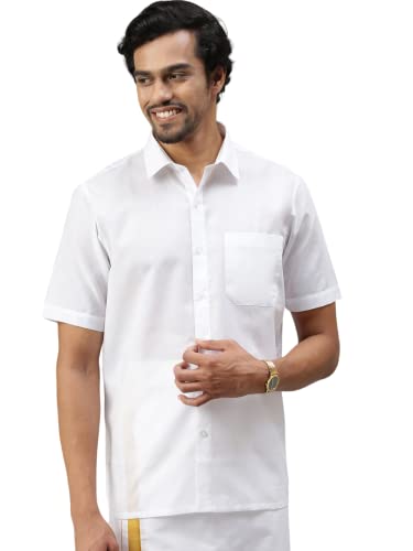 Image of RAMRAJ COTTON Men Solid Regular Fit Half Sleeve Ethnic White Cotton Blend Shirt