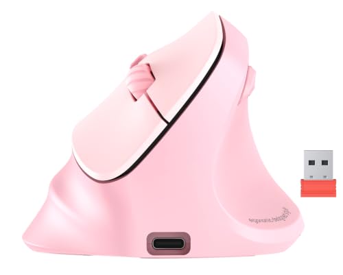 Image of MEETION Left-Handed Ergonomic Vertical Wireless RGB Mouse, Pink | Vertical mouse designed for left-handed, Bluetooth 5.2 /3.0 and USB-A with USB-C adapter, 4 adjustable DPI for Mac & Windows