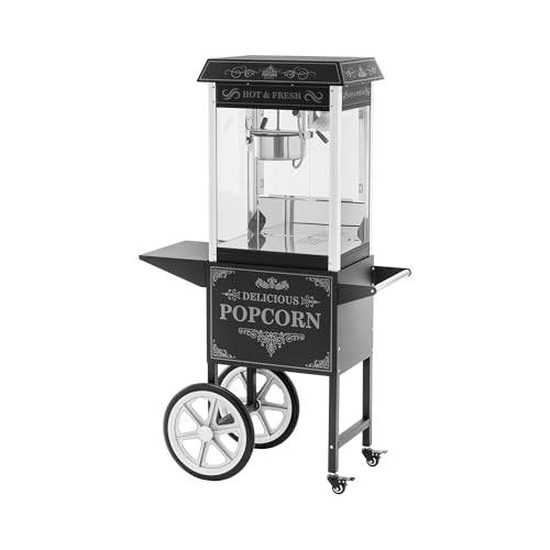 Royal Catering Macchina per popcorn con carrello, design retrò, 1500 W, 195/235 °C, 2 temperature per popcorn dolci e salati, nero