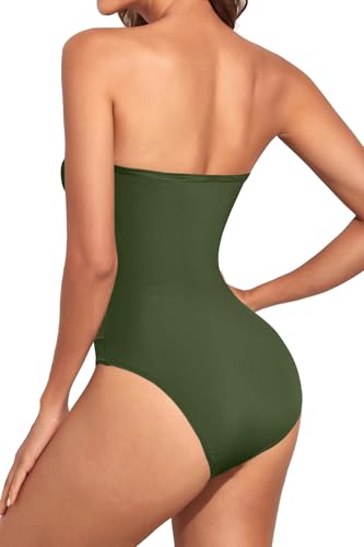 Image of Holipick Women Army Green Sexy One Piece Swimsuit Strapless Bathing Suits M | Bandeau Neckline, Mesh Cutout Design, Push Up Removable Pads, High Cut, Removable Straps, Pool Beach Cruise Resort