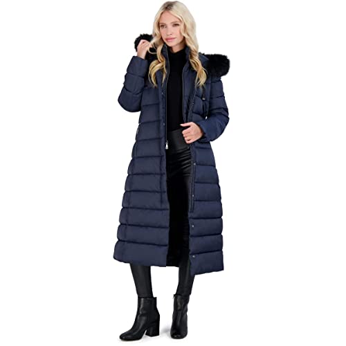 TAHARI Nellie Womens Removable Faux Fur Trim Long Down Coat Jacket Navy Size XL2