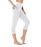Fotociti 3/4 Leggings Damen mit Tasche High Waist Capri Leggins Sommer Caprihose Blickdicht Sporthose Hose Gym Outdoor Yoga(05#Weiß-Capri, S-M)