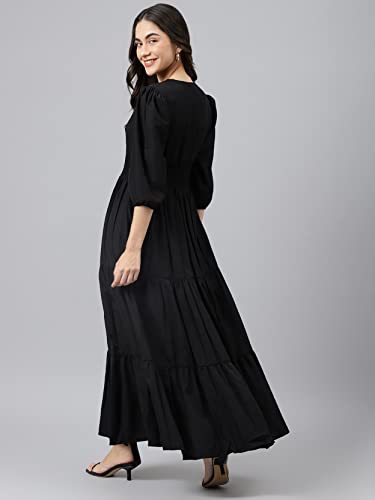 Image of Femvy Women's Fit and Flare Maxi Dress Rayon 3 /4 Sleeve Solid V-Neck Evening Dress 751