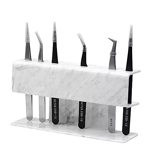 FUNORNAM 8 Holes Tweezers Storage Holder Stand for Lash Extension, Acrylic Eyelash Tweezers Marble Display Box Organizer Make up Tools for Lash Cart (White)