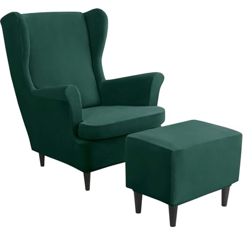 Funda protectora lavable de terciopelo verde oscuro para sillón orejero y reposapiés