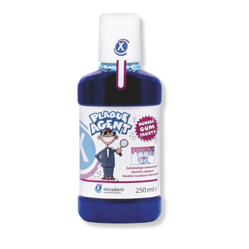 miradent Plaque Agent Zahnspüllösung 250 ml | zur Plaquekontrolle für Kinder | mit angenehmen Bubble Gum-Geschmack | gebrauchsfertig inkl. Dosierkappe | Erythrosinfrei | ohne Alkohol