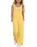 YooAurvox Girls Overall Jumpsuit Straight Leg Sleeveless Knit Pants for 5-14 Years Kids Casual Basic Rompers with Pockets(9-10 Y,Light Yellow)