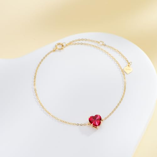 14k Gold Love Heart Gemstone Bracelet for Women,7MM Heart-cut Created Birthstone Anniversary Birthday Mother's Day Bracelets Jewelry for Mom Her 6.5''+2''2