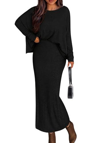 PRETTYGARDEN Women's Fall 2025 Two Piece Matching Skirt Sets Long Sleeve Tops Maxi Long Slit Bodycon Skirts Vacation Outfits (Black,Medium)