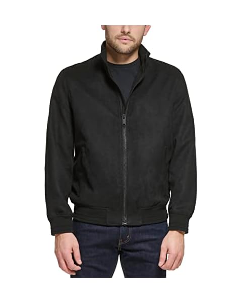 DKNY Men's Modern Knit Collar Bomber Jacket, Black Microsuede