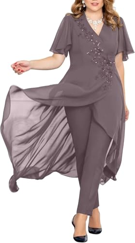 Chiffon Beaded Pantsuits for Women 2 Pieces Mother of The Bride Dresses V Neck Pant Suits for Weeding