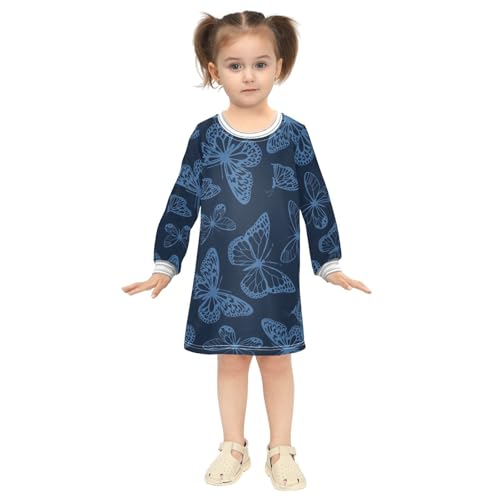 Blue Butterflies Girls Dresses Long Sleeve Sweatshirt Dress for Girls Winter Toddler Casual A Line Dresses Size 2-8T4