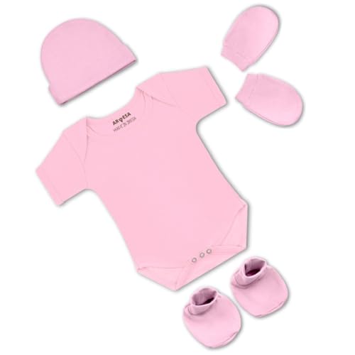 ARVESA Pack of 4 New born Baby Essentials – Cotton Romper, Cap, Booties and Mittens Set for Baby Boy & Girl 0-3 Months Red Biowash