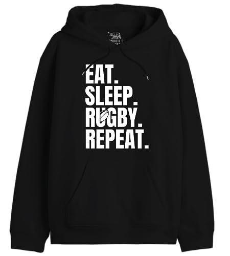 Republic Of California Eat, Sleep, Rugby, Repeat imprimé Hooded Sweatshirt Homme -Coupe Standard Winter Wear avec Capuche à Cordon de Serrage et Poche Kangourou,Repeat_Noir,Taille S