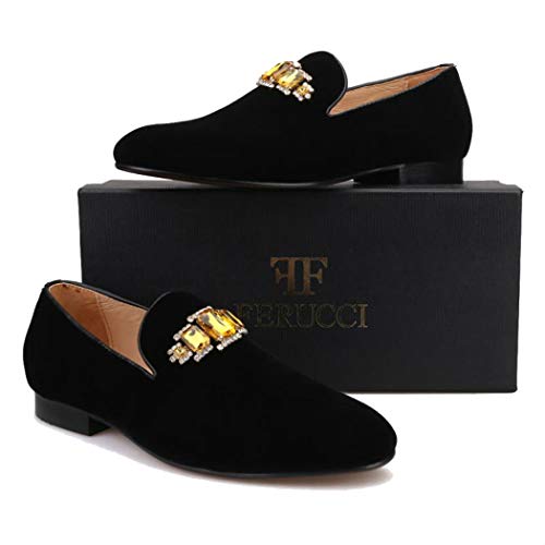 FERUCCI Handmade Men Black Velvet with Gold Crystal Brooch Slippers Loafers Flats2