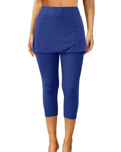 Pinup Fashion Swim Capris Women Dark Blue Skirted Leggings Swimming Pants Sun Protective Swim Tights L