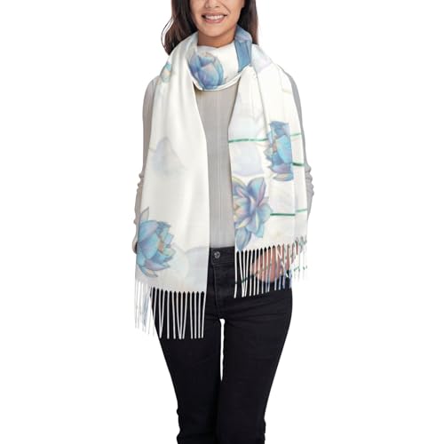 Pale Blue Lotus Flowers Print Women's Scarf Pashmina Shawls and Wraps for Wedding Evening Party Long Warm Scarves