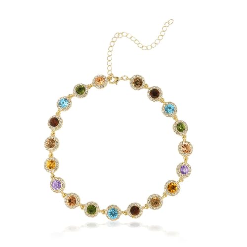 Colorful Necklace Beaded Crystal for Women Sparkly Rhinestone Multicolor Gem Necklaces with Gold Chain Stunning Multi Colored Jewel Jewelry for Party Prom