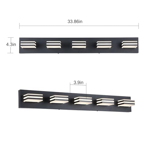 Image of LED Wall Black Vanity Lights for Bathroom Light Fixtures 30W Adjust 3 Colors Modern Bath Lighing Over Mirror Acrylic Heads LED Vanity Light (5-Light,34inch)