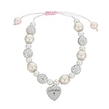 Beaupretty Pulsera de Bautismo Ajustable para Niñas Colgante de Cruz en Forma de Corazón, Cuentas de Perlas White y Rosas, Obsequio para Ahijada en Comunión y Ceremonia Religiosa
