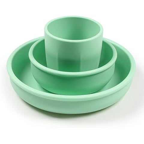 Silicone Plate and Bowl Set for Kids, Simple Style Kids Dinnerware Set, Includes Silicone Plate, Silicone Bowl and Silicone Cup, Unbreakable Silicone Baby Feeding Set, Green Cover