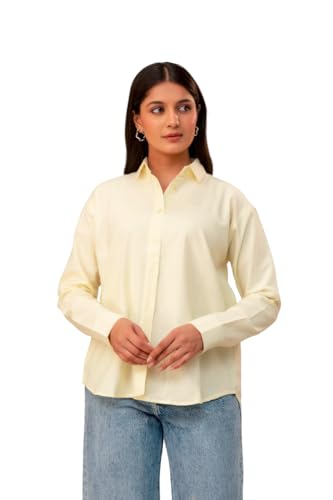 Image of Women's Linen Blend Shirt | Casual Collared Button Down Shirt for Women | Solid Color Full Sleeve Oversized Fit | Summer Casual & Office Wear Top